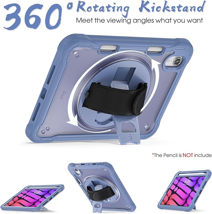 BRAECNstock Case for iPad mini 7 (A17 pro) 2024 &amp Mini 6 2021 8.3-inchShockproof Protective Cover with Pencil HolderScreen Protector360° Rotating Hand Strap/Stand- Lavender Grey