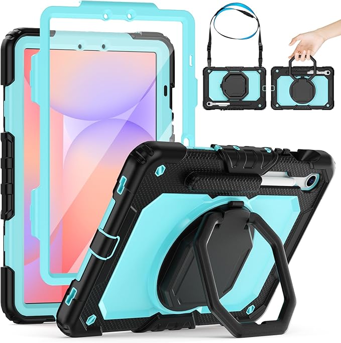 HXCASEAC Case for Galaxy Tab S10 lite / S10 FE / S9 FE 10.9 Inch Shockproof | 360° Rotating Stand | S Pen Holder | Screen Protector | Shoulder Strap | Samaung S10 Lite Tablet Case Kids Light Blue