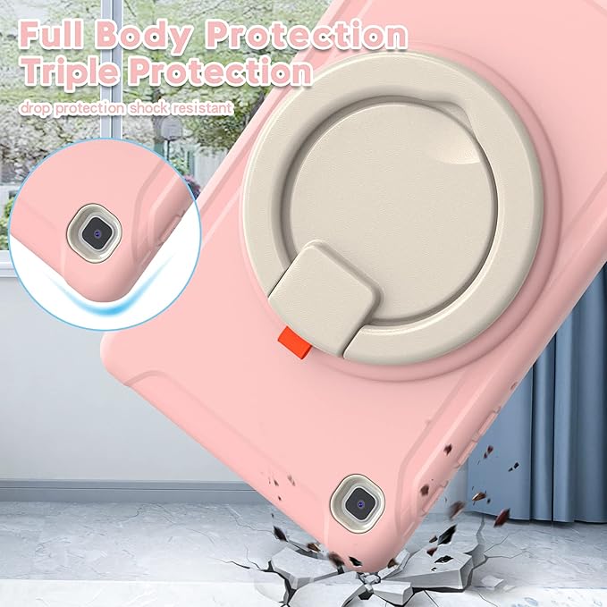 Shockproof Case for Samsung Galaxy Tab A7 Lite 8.7 Tablet Techcircle Rotating Stand Handle Heavy Duty Bumper Hybrid Cover Protective Case for Galaxy Tab A7 Lite (2021) SM-T220/T225 Baby Pink