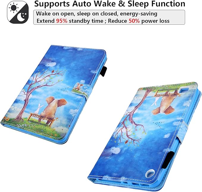All-New 7 Amazon Kindle Fire 7 Tablet Case (9th/7th/5th Generation 2019/2017/2015) Smart Stand PU Leather Magnetic Cover with Card Pocket Pencil Holder [Auto Sleep/Wake] Elephant Rabbit