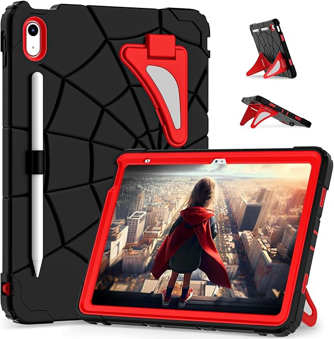 Kids Case for iPad 10th/11th Gen (10.9/11 Inch 2022/2025 A16) – Shockproof 360° Full-Body Protection Cover with Screen Protector Stand &amp Pencil Holder – Boys’ Anti-Drop Design-Black Red