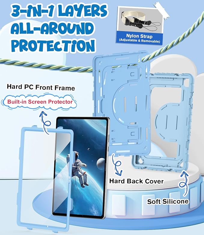 OKP Case for Samsung Galaxy Tab A9+ Plus 11 Inch 2023/ A11 Plus 2025 Shockproof Rugged 11 Galaxy A9+/ A11+ Tablet Protective Cover with Built-in Screen Protector Shoulder Strap Stand Sky Blue