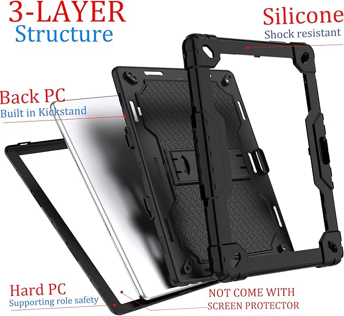 Case for Pritom M10 /quntiCO Y10 /Digiland DL1036 /Voger priorpad X100 /VUCATIMES N10/Gateway 10.1 HD Tab Case with Stand Rubber Hybrid Come with 9H Tempered Glass Film (Black/Black/2 PCS)