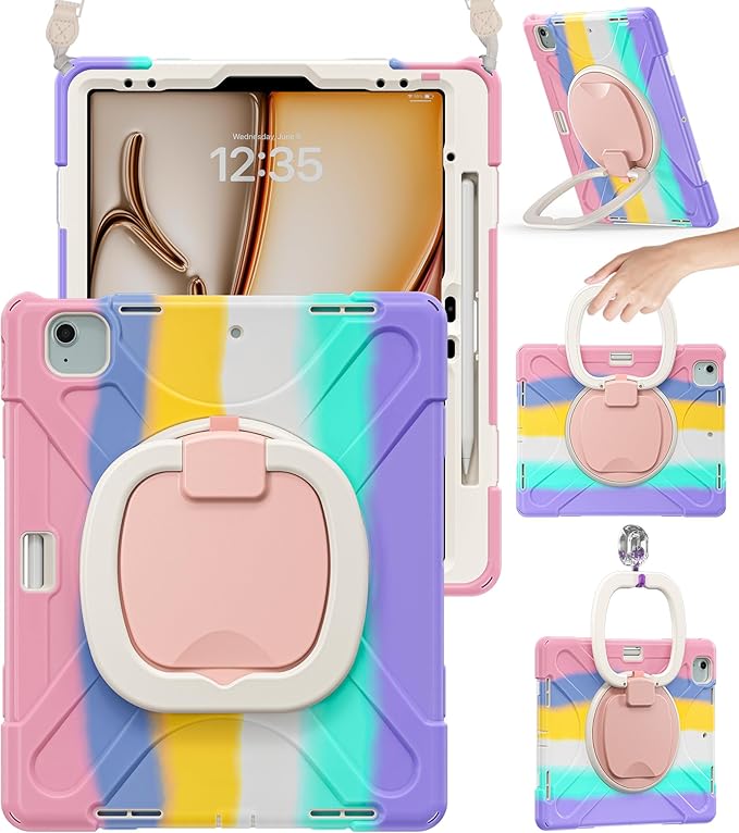 BRAECN for iPad Air 13 Inch Case M4 2026/M3 2025/M2 2024 &amp iPad Pro 12.9 Case (6th/5th4th/3rd Gen) Heavy Duty Silicone Cover with 360° Swivel Kickstand Shoulder Strap Pencil Holder Colorful Pi