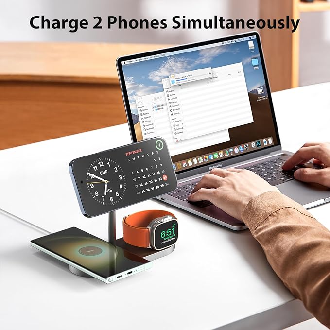 KU XIU X23 PRO Magnetic Wireless Charging Stand 3-in-1 Charging Station for iPhone 17/16/15/14/13/12 &amp iPhone Air 5W for Apple Watch S11–4/SE/Ultra 3/2/1 AirPods 4/3/2/Pro – Wood Grain