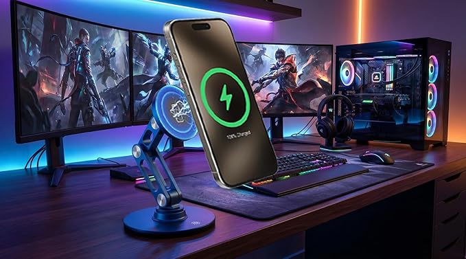 ClikDock Cell Phone Magnetic Wireless Charger Stand 360° Spin Aluminum Construction Compatible with MagSafe Phones for iPhone &amp Andriod (Navy)