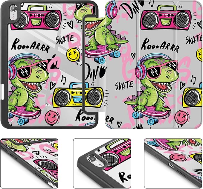 Mektron Printed Case for iPad mini 7 (A17 Pro) 2024/ Mini 6 2021 iPad mini 7th/6th Generation 8.3-inch Liquid Retina Display Cover Buit in Pencil Holder with Clear Back Shell Cool Dinosaur