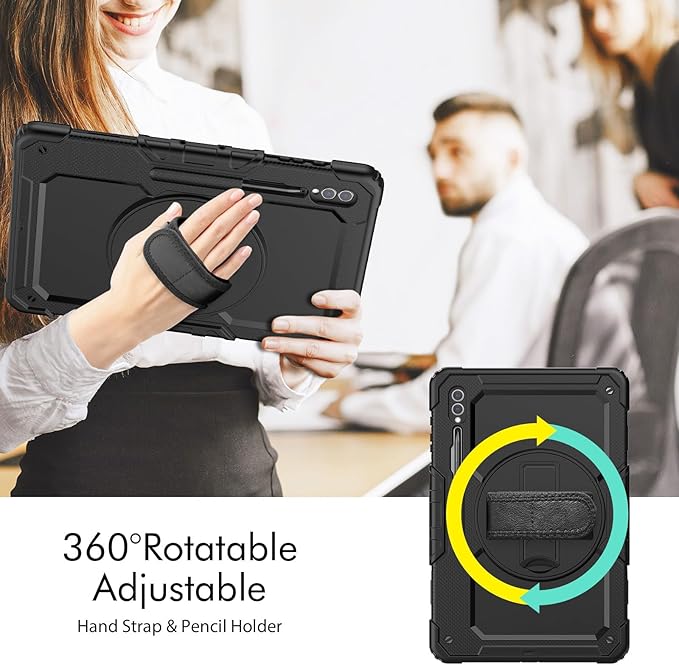 Case for Samsung Galaxy Tab S10 Ultra / S9 Ultra / S8 Ultra Case 14.6 inch with Screen Protector Hand Strap Shoulder Strap Rotating Stand and Pen Holder Black