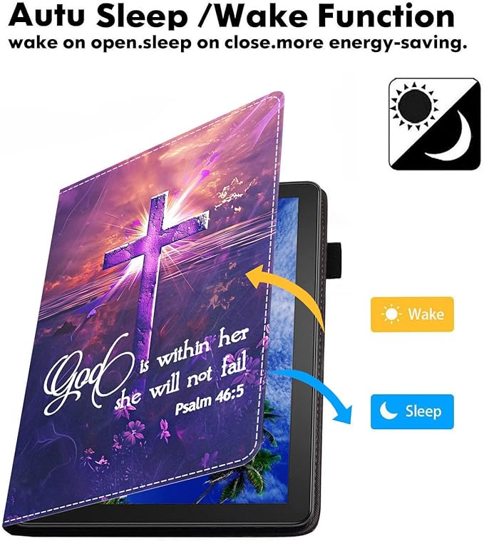 Case for Amazon Kindle Fire 7 Tablet (7 9th/7th Generation 2019/2017 Release) Slim PU Leather Cover with Card Slot &amp Auto Wake/Sleep Cross Quote Bible Verses Psalm 46:5