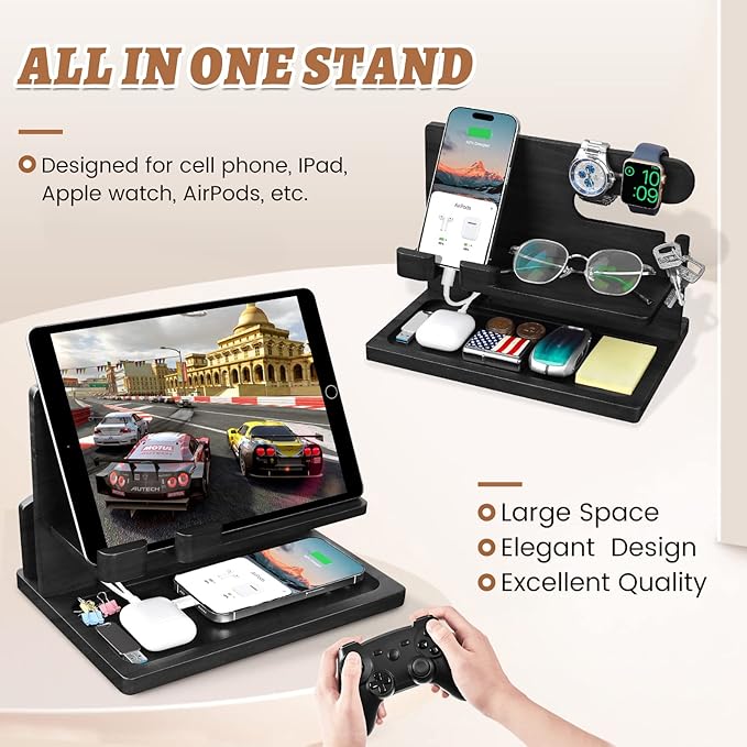 Gifts for Men Wood Phone Docking Station for Men Nightstand Organizer Gifts for Dad Charging Station Cell Phone Stand Desk Organizer Gifts for Husband Boyfriend Brother Son (Black)