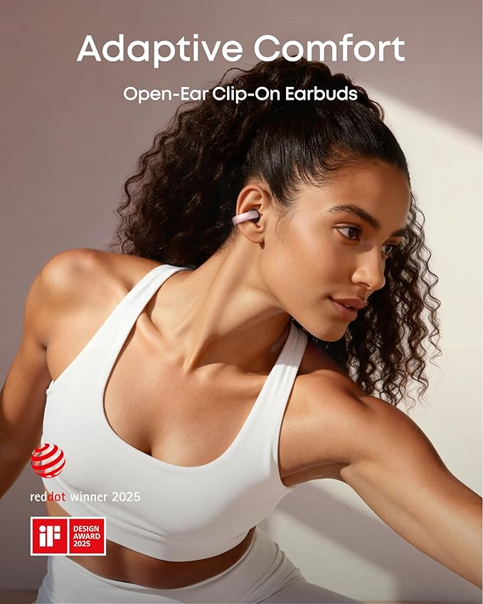 Soundcore AeroClip by Anker Open-Ear Earbuds Clip-On Headphones Adaptive Comfort Clear Calls with 4 Mics and AI Stable Fit 12mm Drivers for Powerful Bass Hi-Res Open-Ring Design
