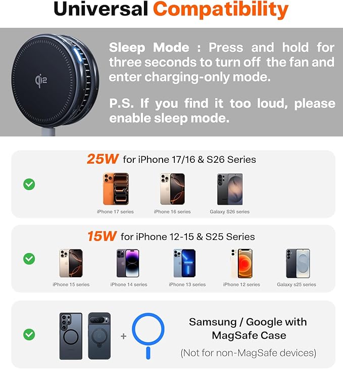 TORRAS PolarCircle Qi2.2 Wireless Charger 25W Cooling Magnetic Pad for Samsung Galaxy S26/S25 Wireless Charger for iPhone 17/16 with 360°Spin Stand Semiconductor Phone Cooler with 45W IceNano Plug