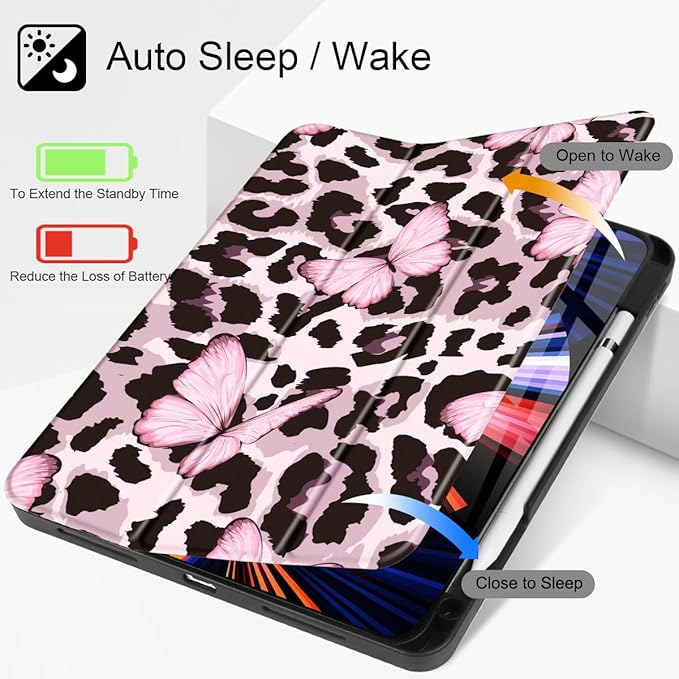 Mektron for iPad Pro M2 11-inch 4th/ 3rd/ 2nd/ 1st Gen Case 2022 2021 2020 2018 with Pencil Holder Tablet Cover with Soft TPU Back Cover for 11 inch iPad Pro Leopard Pink Butterfly
