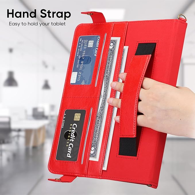 Tablet Carrying Shoulder Bag Case for Samsung Galaxy Tab S11 Ultra 14.6 Inch 2025 SM-X930 X936B PU Leather Hand Strap Crossbody Shoulder Strap Cards Holder Pocket S Pen Holder Stand CaseRed