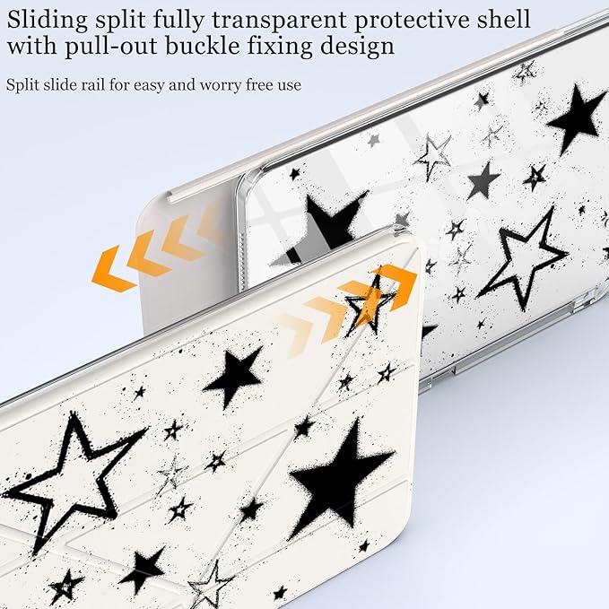 Cute Y2K Black Star for iPad Pro 11 Inch Case (M5/M4) 2025/2024 with Pencil Holder Auto Sleep/Wake White Leather Acrylic Back Detachable Cover