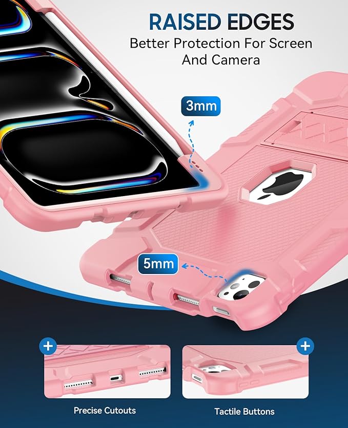 Case for iPad Pro 11 Inch Case (M5 2025/ M4 2024) with Pencil Holder Built-in Stand Military Grade Shockproof Protective Cover for iPad Pro 11 (Rose Gold)