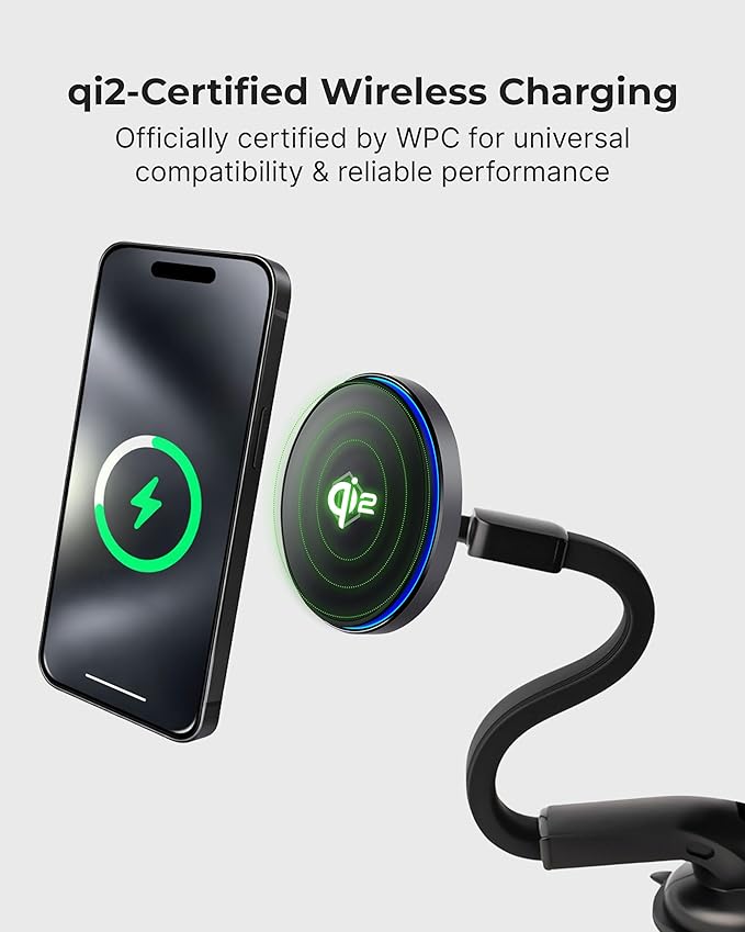 Mag Switch Qi2 Wireless Car Charger Gooseneck Mount 15W Fast Charger with Built in on/Off Switch for Smarter Charging Strong N52 Magnets Compatible with iPhone 14/15/16/17/Galaxy