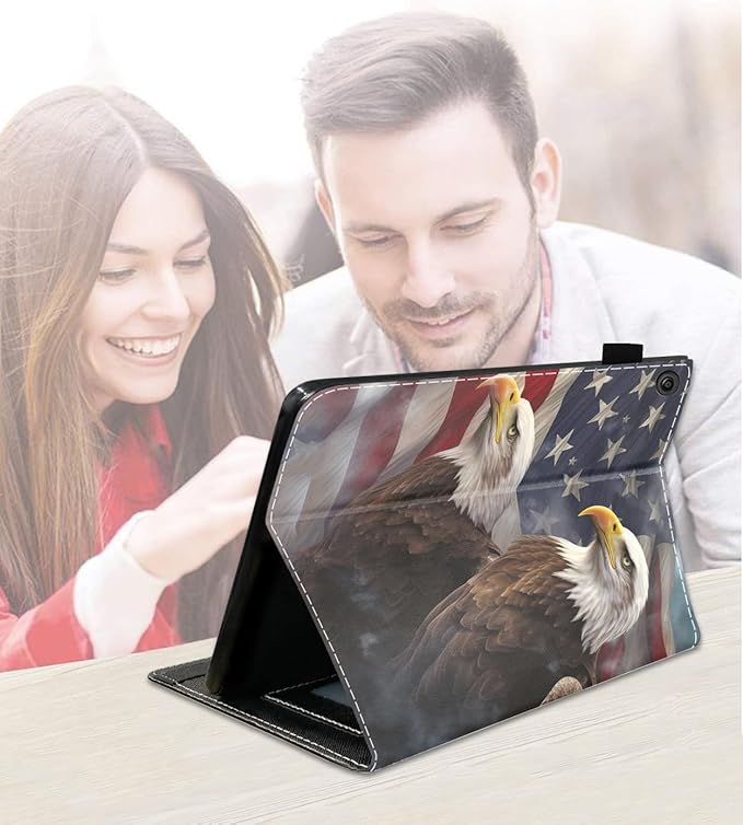 Case for Amazon Kindle Fire 7 Tablet (7 9th/7th Generation 2019/2017 Release) Slim PU Leather Cover with Card Slot &amp Auto Wake/Sleep Patriotic American Flag Bald Eagle