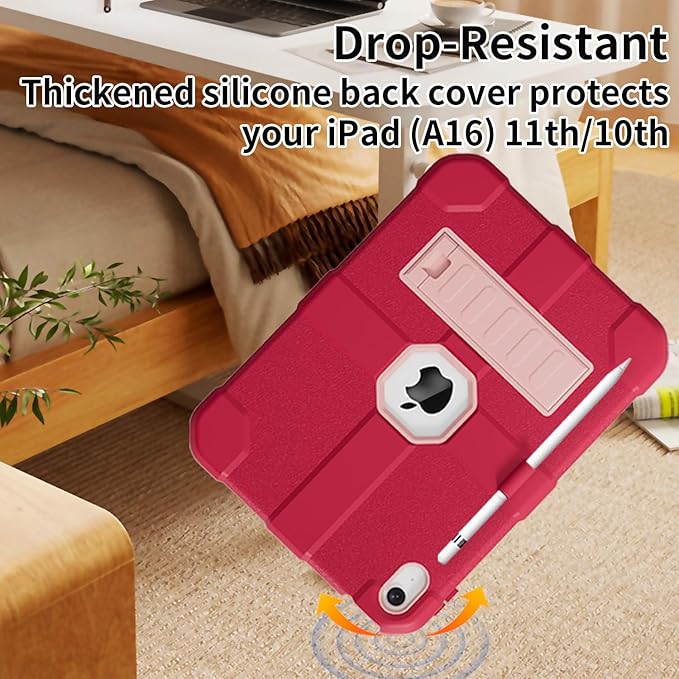 Case for iPad (A16) 11th Generation 11 Inch 2025 / iPad 10th Generation 10.9 Inch 2022 Rugged Heavy Duty Protective Cover [Built-in Pencil Holder ] for iPad 11/10 Gen (Rosered/Pink)
