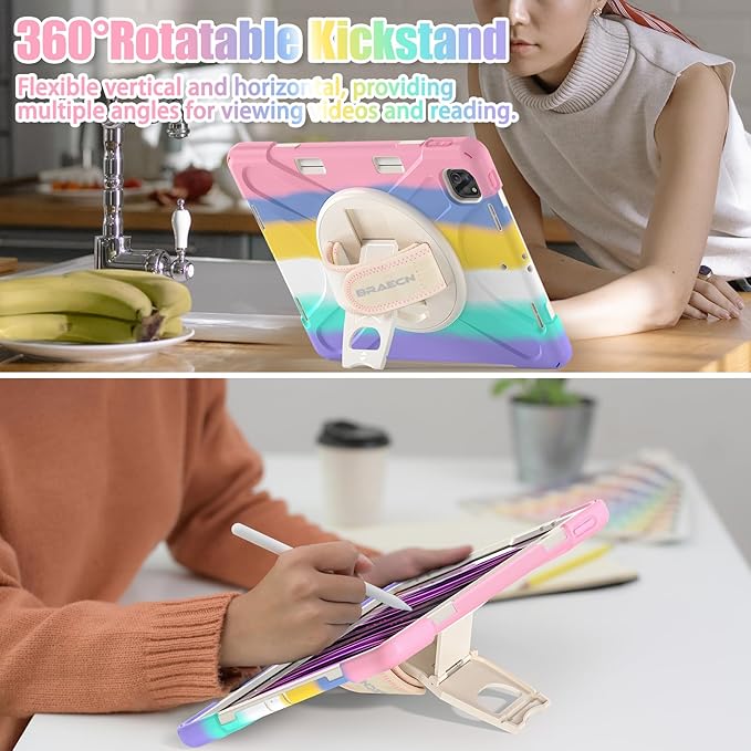 BRAECNstock Kids Case for Apple iPad Air 13 inch (M4/M3/M2)/ iPad Pro 12.9 inch 6th/5th/4th/3rd Gen Shockproof Protective Case with Pencil Holder 360° Rotating Hand Strap + Stand Colorful Pink