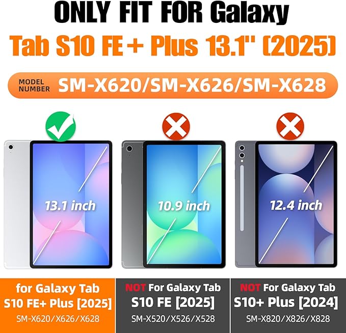 SEYMAC stock Case for Samsung Galaxy Tab S10 FE+ Plus 5G Tablet Case 13.1'' Protective with Screen Protector Pen Holder 360 Rotate Stand Hand Strap Shoulder Strap BlackOrange
