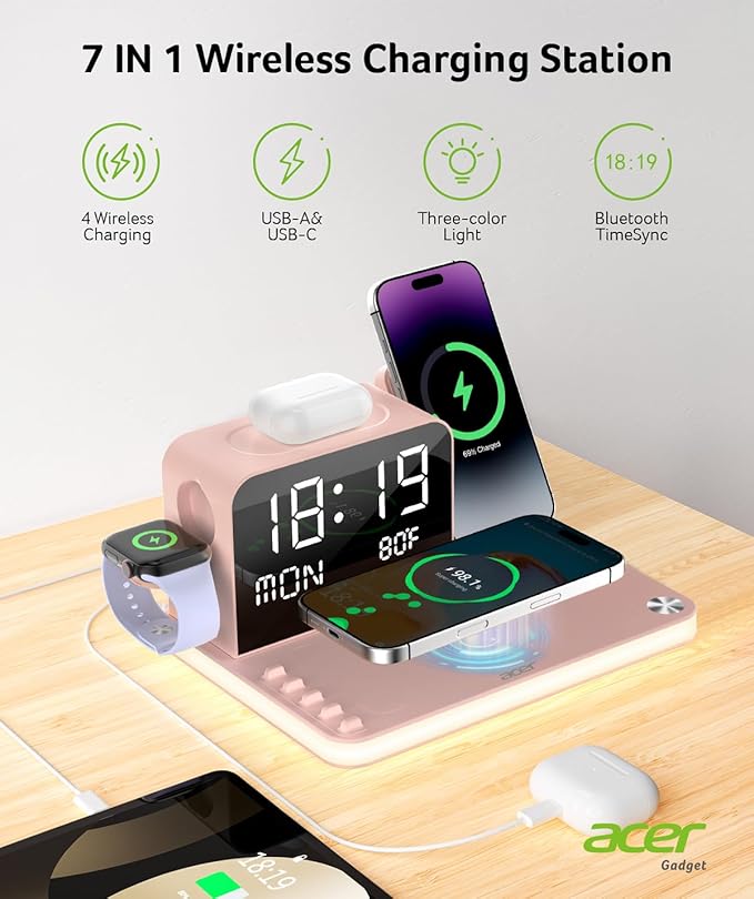 Acer 7-in-1 Wireless Charging Station with LED Clock - 30W Fast Wireless Charger for iPhone 16/15/14/13/12/Pro Max Apple Watch AirPods - Bluetooth Auto Time Sync &amp Night Lights (Pink)