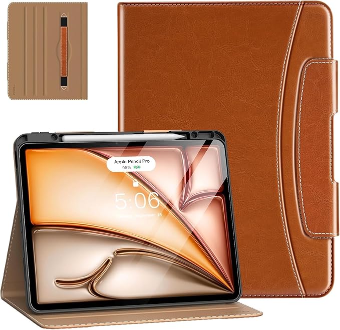 MoKo Case for iPad Air 13 Inch (M3 2025 / M2 2024) &amp iPad Pro 12.9 2022/2021 with Pencil Holder Premium Leather Folio Stand Cover for iPad Air 13 Inch/iPad Pro 12.9 Inch 6th/5th GenBrown