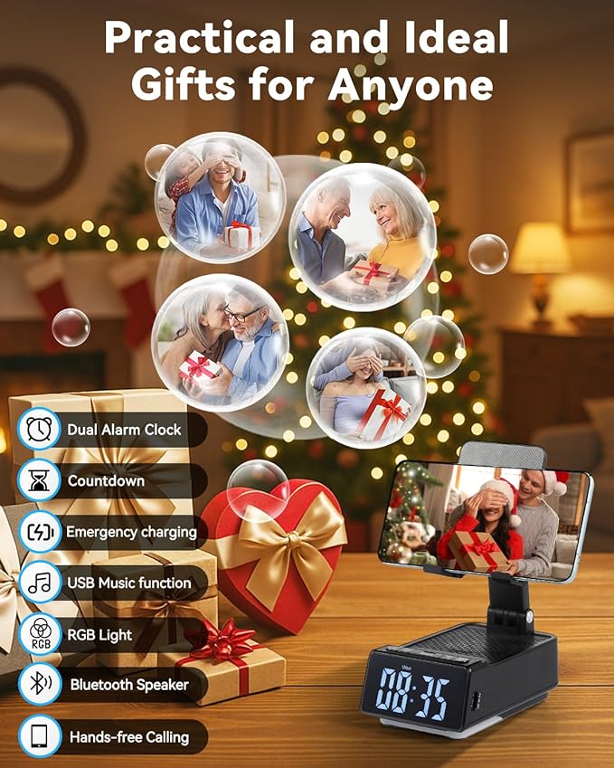 Father's Day Gifts for Dad Birthday Gifts for Men 7 in 1 Phone Stand Bluetooth Speaker with Alarm Clock Wireless Charger Light USB Playback &amp Hands-Free Calling