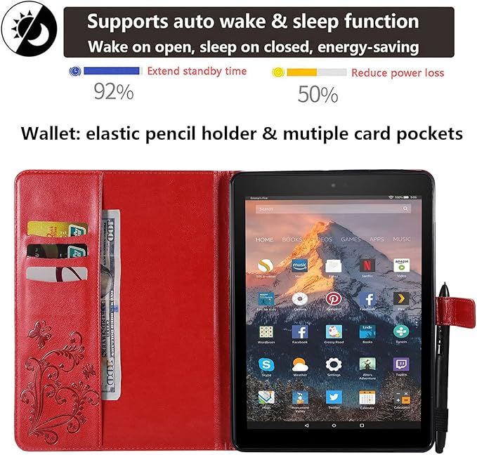 for Kindle Fire HD 10 &amp HD 10 Plus Case 13th/11th Generation 10.1 (2023/2021) Stand Embossed PU Leather Magnetic Wallet Cover with Pencil Holder/Pockets [Auto Wake/Sleep] Red Butterfly