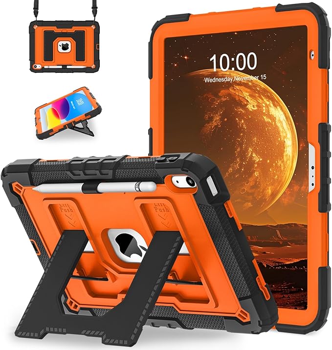 WESOROL Case for iPad A16 11th/10th Generation 2025/2022 with Pencil Holder Shoulder Strap iPad Case 10th Generation Shockproof Cover for iPad 11th/10th Gen CasesBlack Orange