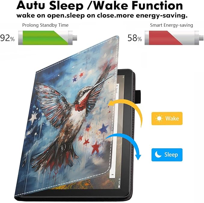 Case for All-New Amazon Kindle Fire HD 10 &amp 10 Plus Tablet 10.1 (13th/11th Generation 2023/2021 Release) - PU Leather Folio Case with Smart Auto Wake/Sleep Watercolor Hummingbird