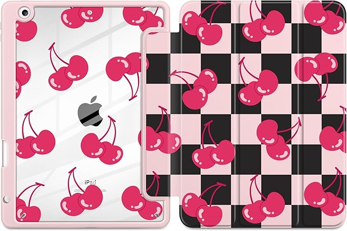 DONGKE for iPad 9th/8th/7th Generation Case 10.2 Inch (2021/2020/2019) [Auto Sleep/Wake &amp Pencil Holder] Clear Acrylic Back Trifold Stand Cover Cherry Checkers