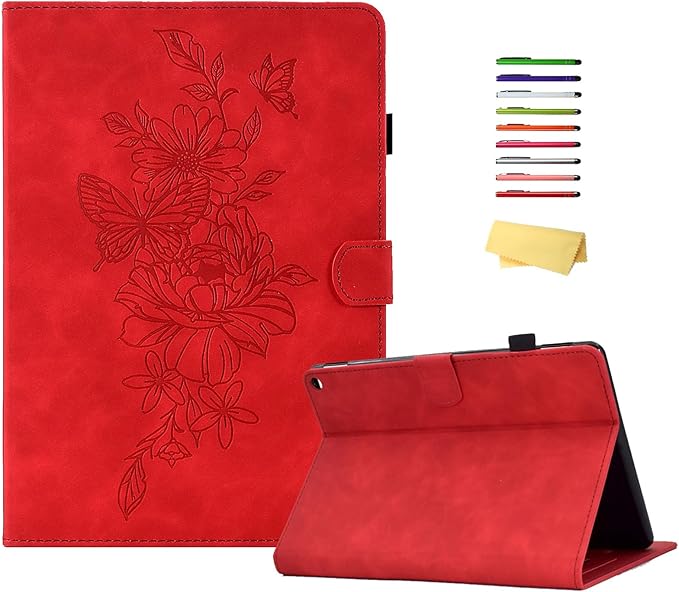 Folio Case for Amazon Kindle Fire HD 8/Fire HD 8 Plus (12th/10th Generation 2024/2022/2020) 8 with Stand/Pencil Holder [Auto Sleep/Wake] Embossed PU Leather Smart Cover Red Butterfly Flower