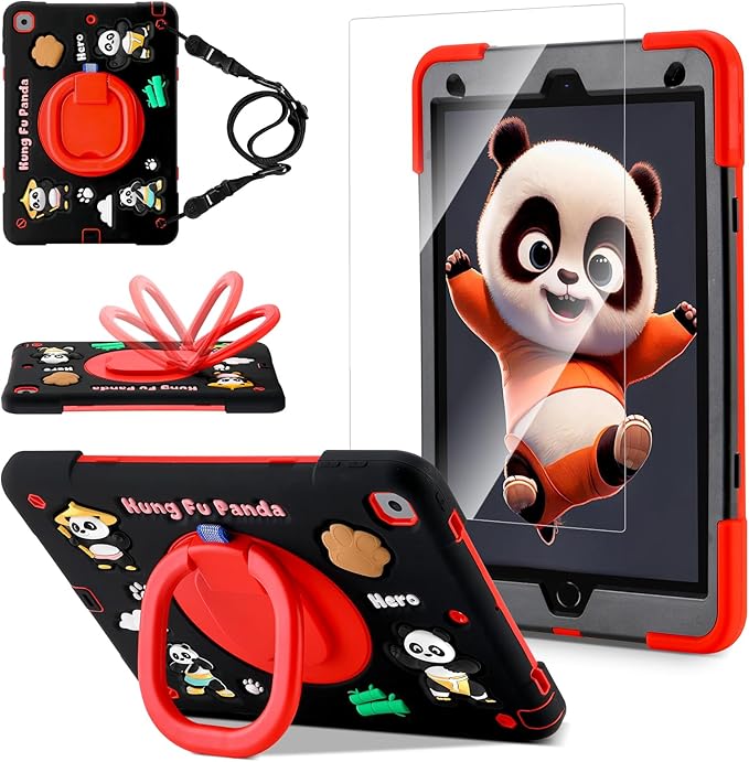 Case for iPad 9th/8th/7th GenerationCute 3D Cool Panda Warrior Design Cover with Screen Protector Rugged Protective Cartoon Case with Stand/Strap/Pen Slot for iPad 10.2 Kids Teens (Black+Red)