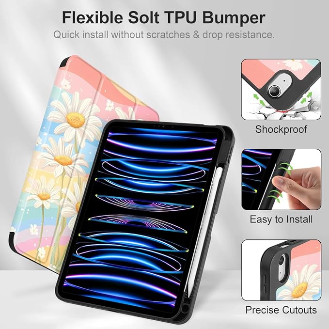 Mektron Case for iPad Air 11 inch (M4 2026 8th /M3 2025 7th /M2 2024 6th) Compatible with iPad Air 10.9 (2022 5th Gen /2020 4th Gen) Tablet Cover Buit in Pencil Holder Colorful Daisy