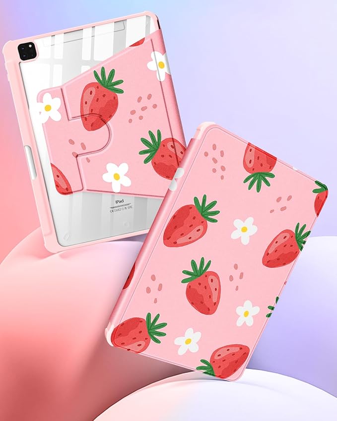 Kidcube for iPad Air 13 Inch Case M3 2025/M2 2024 for iPad Pro 12.9 Cases (2022/2021/2020/2018) - Women Girls Kids Cute Folio Cover with Pencil Holder Girly Strawberry Design Rotating Stand Pretty