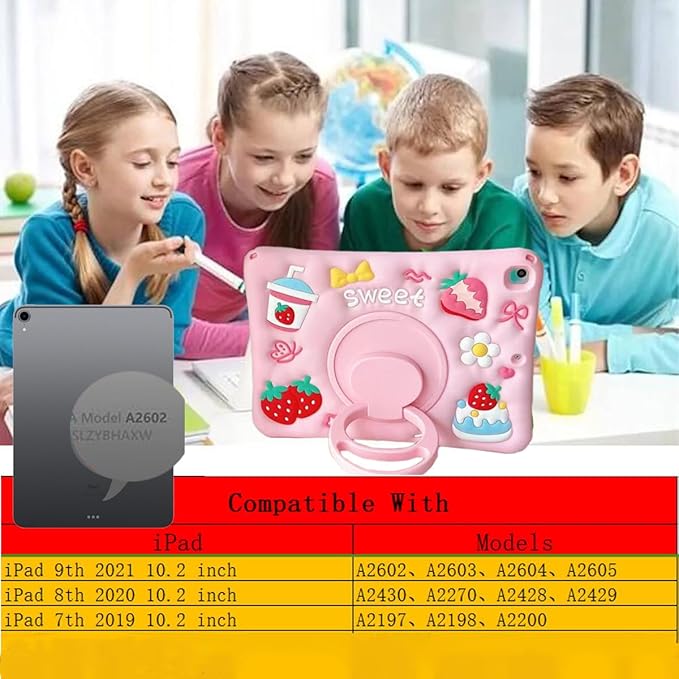 3D Cute Strawberry Cake Juice Case for iPad 9th/8th/7th 10.2 inchKawaii Cartoon Delicious Desserts Soft Silicone Rotating Stand Case with Lanyard for Kids Teens Girls Women
