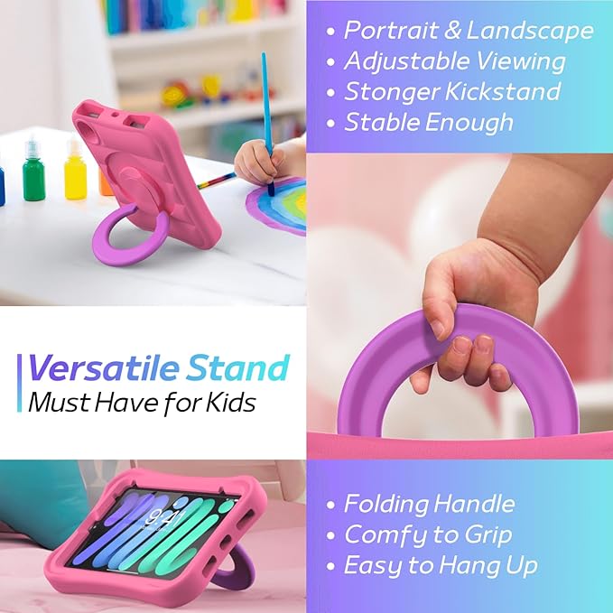 Kids Case for iPad mini 7 (A17 Pro) 2024 / Mini 6th Gen 2021 8.3 inch – Lightweight Flexible Shockproof Rotating Stand Handle Rugged Cover for iPad mini 7th 6 Generation Girls Boys Pink
