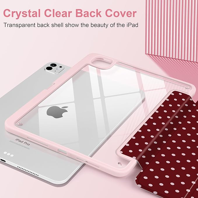 TWOLSKOO Case for iPad Pro 11-inch (M5 2025 / M4 2024) Clear Acrylic Back with TPU Bumper Pencil Holder Trifold Stand Auto Sleep/Wake Red Polka Dot