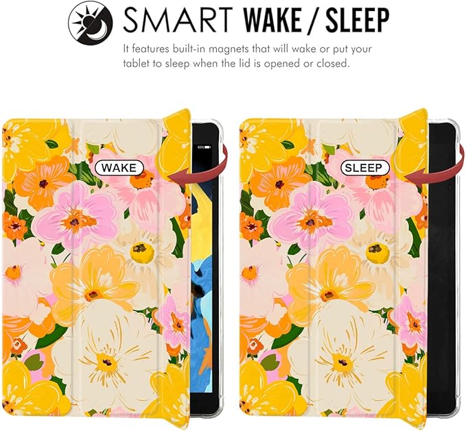 JOYLAND Colorful Flowers Floral Pad Case for iPad 5th/6th Generation White with Pencil Holder Lightweight Smart Trifold Stand Cover Soft TPU
