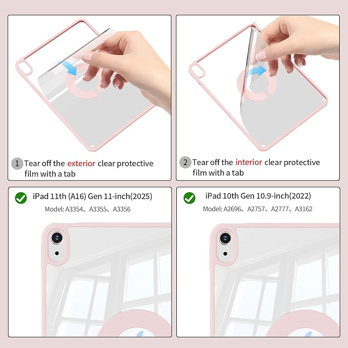 KENKE Magnetic Case for iPad A16 11th/10th Generation (11/10.9 Inch 2025/2022) with Pencil Holder Magnetic Detachable Hybrid Stand Clear Hard PC Back Shell Portrait/Landscape Angle Pink