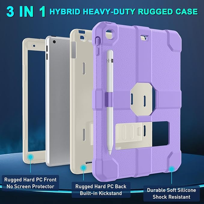 Case for iPad 9th/8th/7th Generation 2021/2020/2019(10.2 inch) Heavy Duty Shockproof Rugged Protective 10.2 Cover with Built-in Stand for iPad 9 8 7 Gen(White+Light Purple)