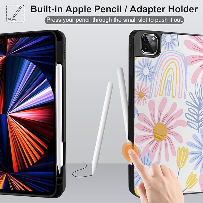 DONGKE Case for iPad Pro 12.9 inch 6th Generation 2022 Built-in Pencil Holder + Trifold Stand + Auto Wake/Sleep + Protective Cover for iPad Pro 12.9 5th/4th/3rd Gen - Colorful Florals