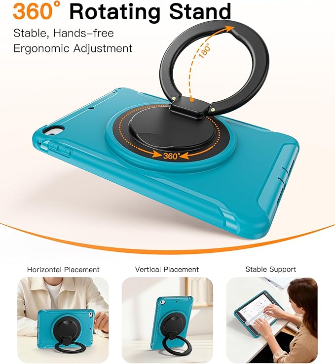 BATYUE Shockproof Case for iPad mini 4/5 (2015/2019) - 360° Multi-Angle Stand (Portrait &amp Landscape) &amp Grip Pencil Holder (Elastic Loop) Multi-Scene for All Ages Lake Blue