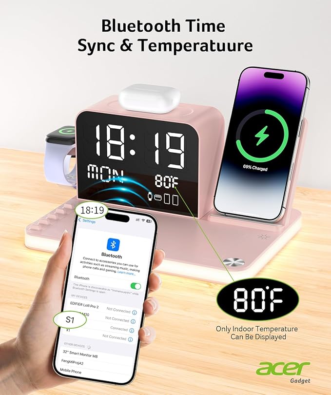 Acer 7-in-1 Wireless Charging Station with LED Clock - 30W Fast Wireless Charger for iPhone 16/15/14/13/12/Pro Max Apple Watch AirPods - Bluetooth Auto Time Sync &amp Night Lights (Pink)