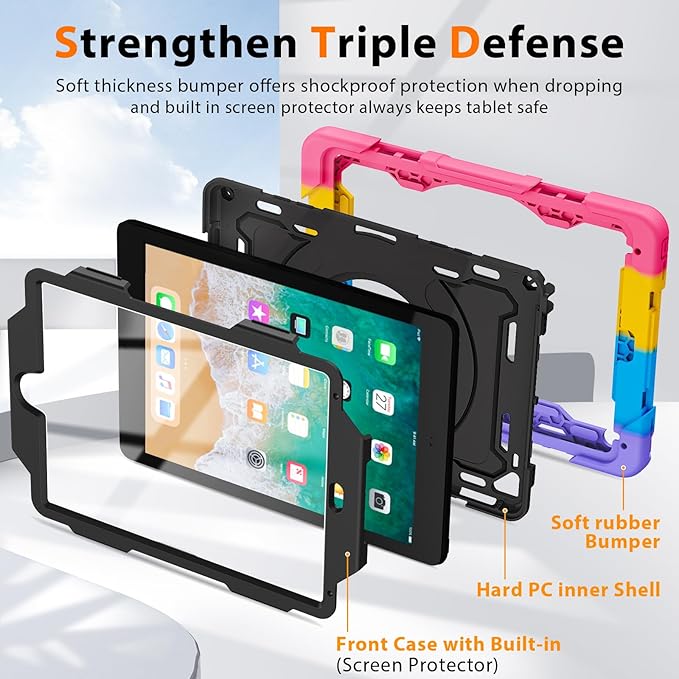 ROISKIN iPad 6th 5th Generation Case 9.7 Inch Pro 9.7 Air 2 with 360 Kickstand Hand Strap [Screen Protector 15ft Drop Protection]Heavy Duty Air 2 /Pro 9.7 / iPad 6th 5th Gen Case for Kids Women Men