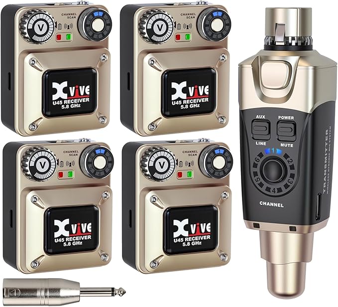 Xvive U45R4 Wireless in Ear Monitor System 5.8ghz IEM System 1 Transmitter and 4 Bodypack Receiver for Studio Band Rehearsal Live Performance Channel Scan Mode
