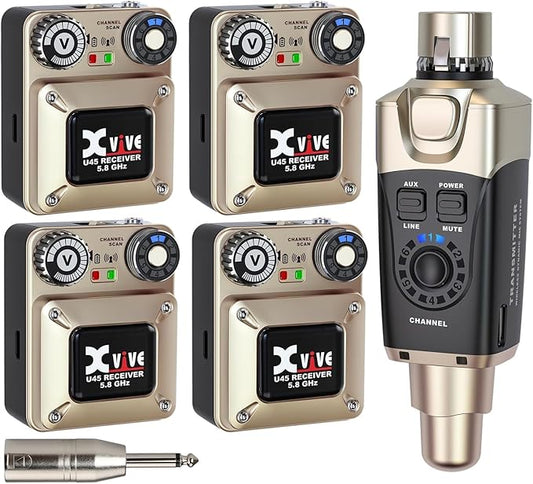 Xvive U45R4 Wireless in Ear Monitor System 5.8ghz IEM System 1 Transmitter and 4 Bodypack Receiver for Studio Band Rehearsal Live Performance Channel Scan Mode
