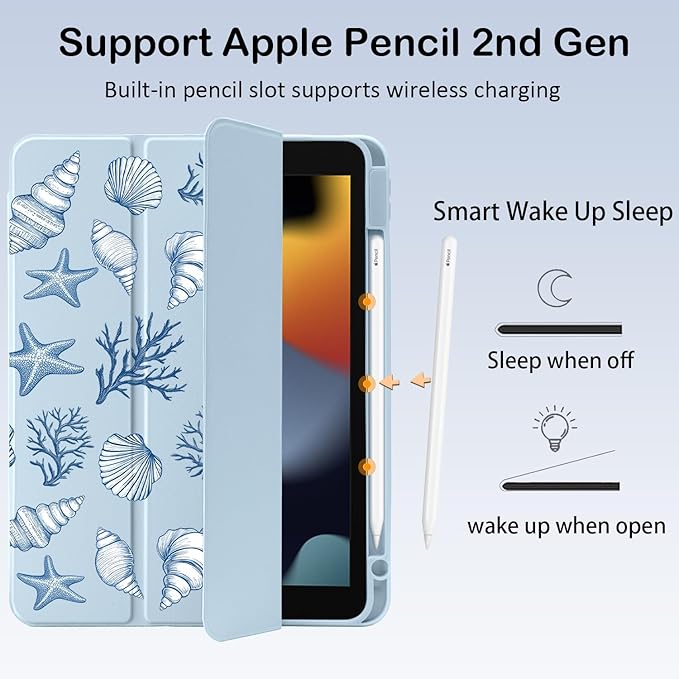 Cute Sea Shell Conch for iPad Pro 11 Inch Case (M5/M4) 2025/2024 with Pencil Holder Auto Sleep/Wake Blue Leather Clear Acrylic Back Cover