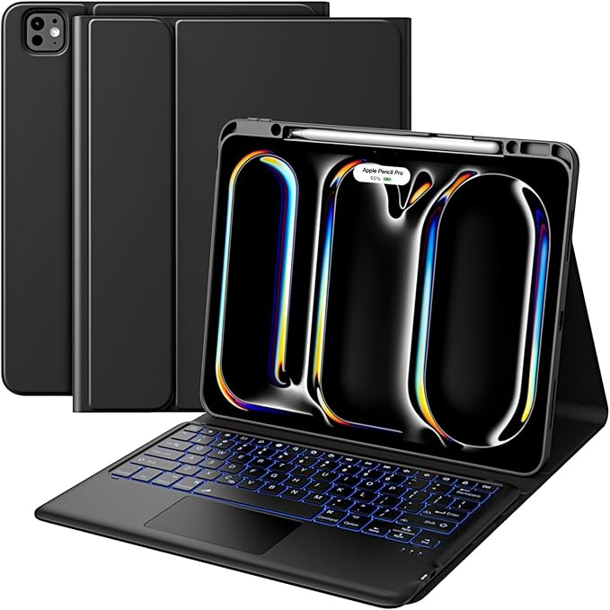 MoKo for iPad Pro 13 Inch Case with Keyboard (M4 2024) iPad Pro 13 Case with Pencil Holder Detachable Wireless Keyboard - Multi-Touch Trackpad - 7 Colors Backlight Multi Stand Black